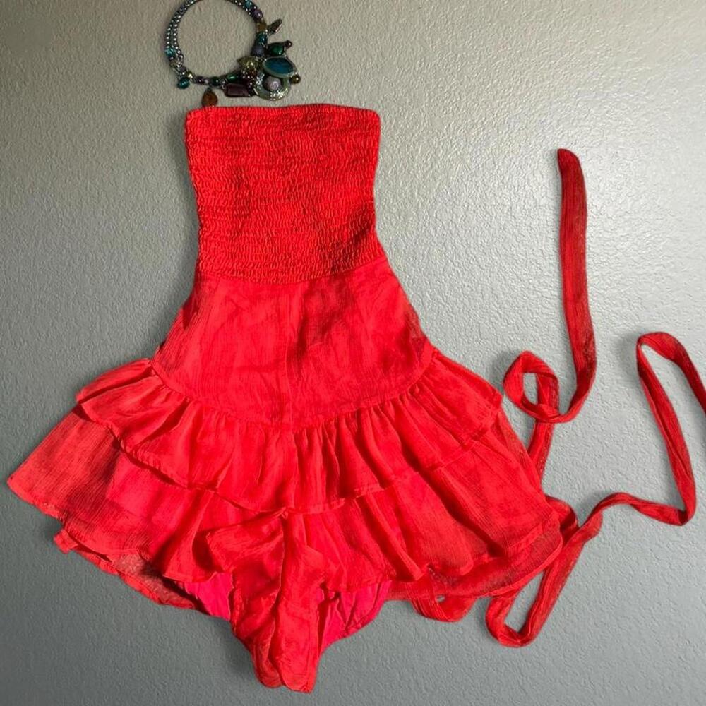 Red Strapless Fairycore Babydoll Ruffle Romper Tube Top Bodysuit